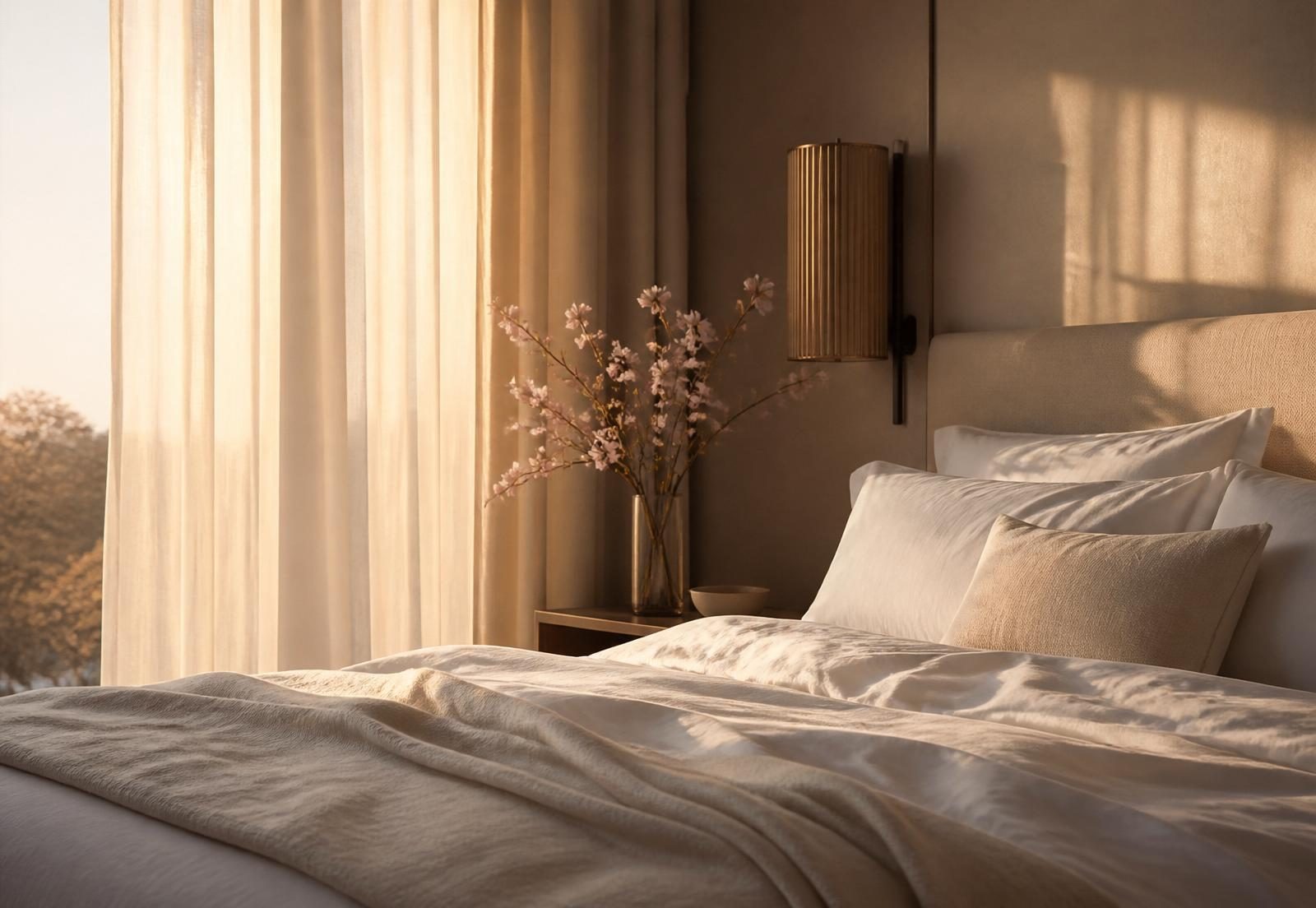 Calm morning light on linen bedding — night guards in Tustin, CA