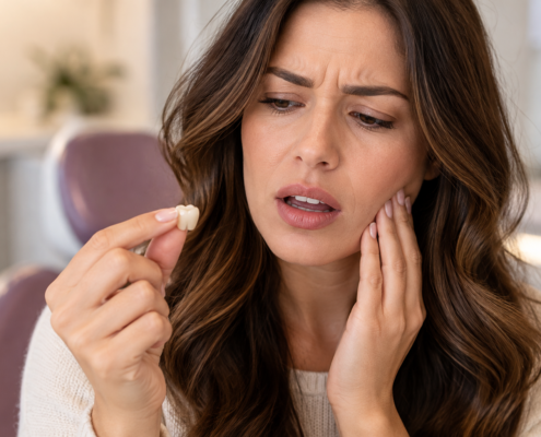 Woman holding a dental crown while experiencing tooth pain after her crown fell off