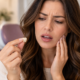 Woman holding a dental crown while experiencing tooth pain after her crown fell off