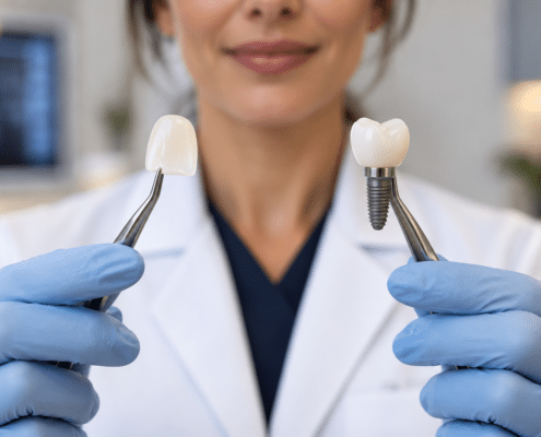 Dentist holding a porcelain veneer and dental implant with tweezers