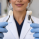Dentist holding a porcelain veneer and dental implant with tweezers