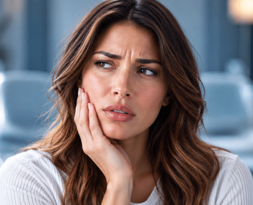 Woman holding her cheek during recovery after a tooth extraction