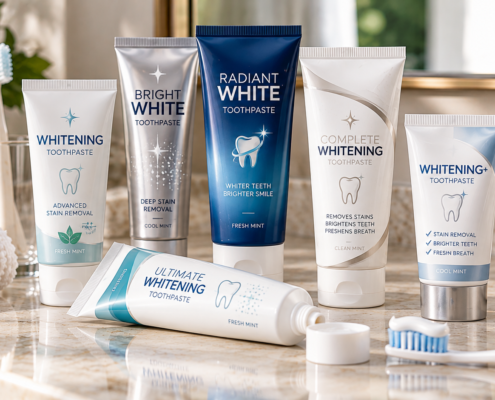 Several whitening toothpastes displayed on a bathroom counter with a toothbrush.