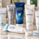 Several whitening toothpastes displayed on a bathroom counter with a toothbrush.