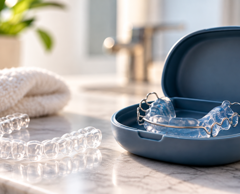 Clear and wire orthodontic retainers beside an open retainer case