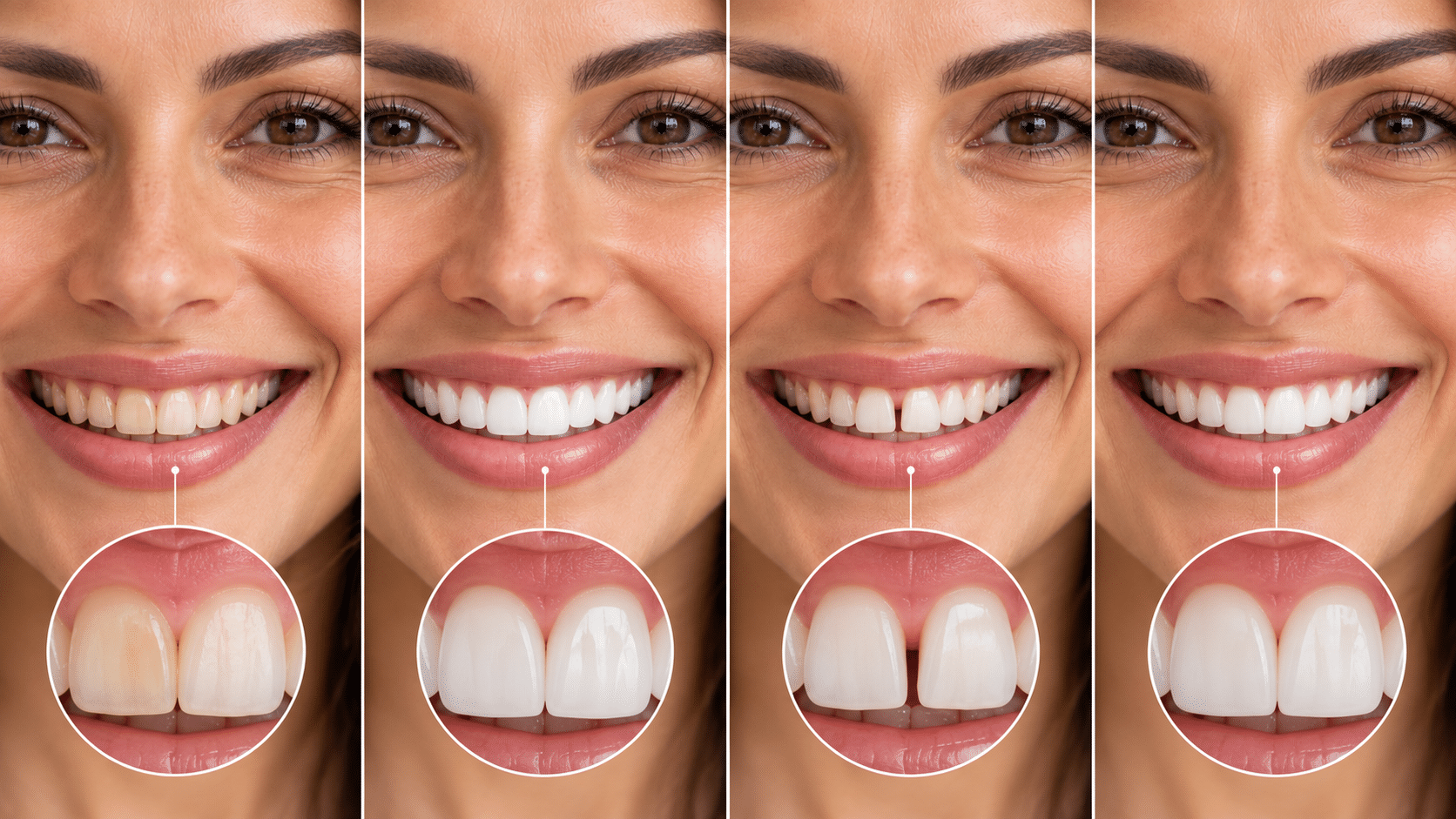 Smile examples showing changes in tooth color, spacing, shape, and alignment with cosmetic dentistry