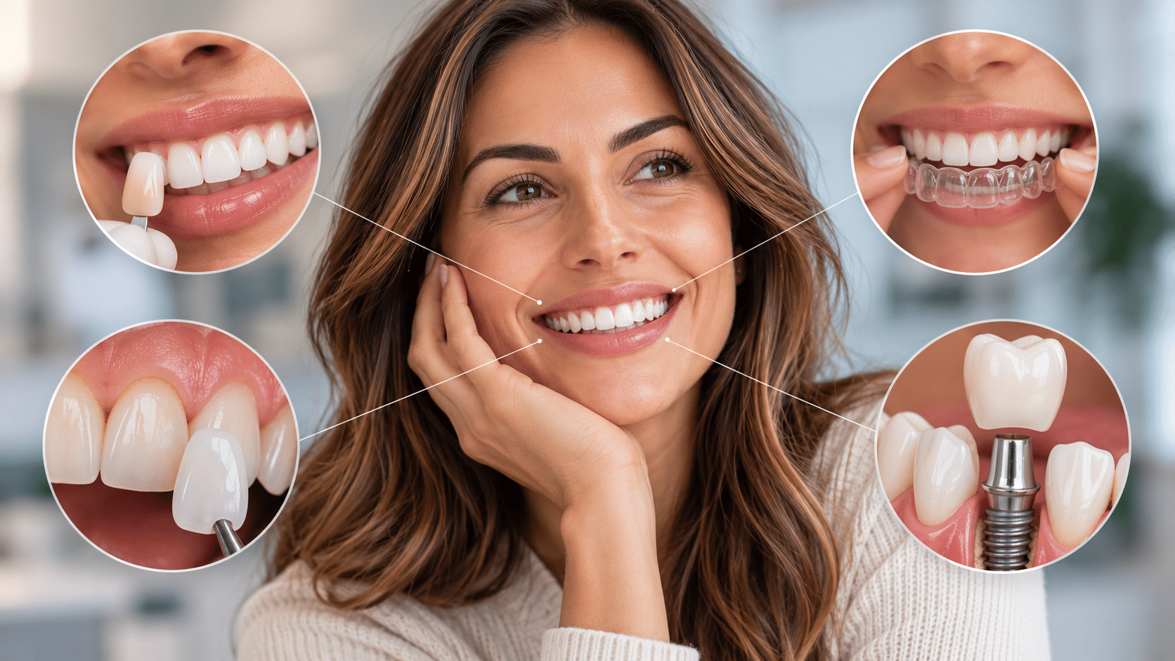 Cosmetic dentistry treatment options including whitening, clear aligners, porcelain veneers, and dental implants