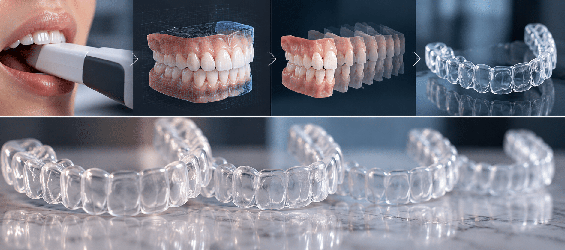 Digital scan, 3D treatment planning, and custom clear aligners showing how Invisalign aligners are made