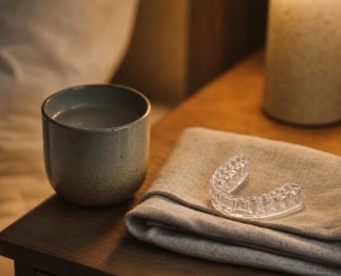 Clear night guard resting on a folded cloth beside a glass of water