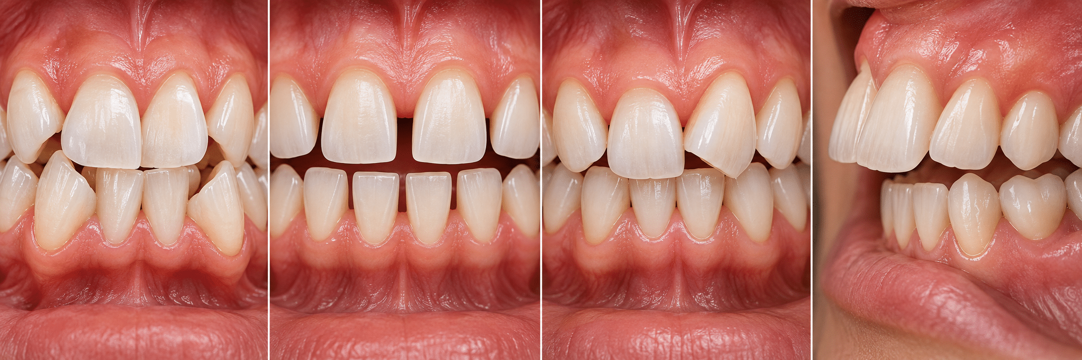Examples of tooth crowding, spacing, rotation, and bite misalignment that may be treated with Invisalign