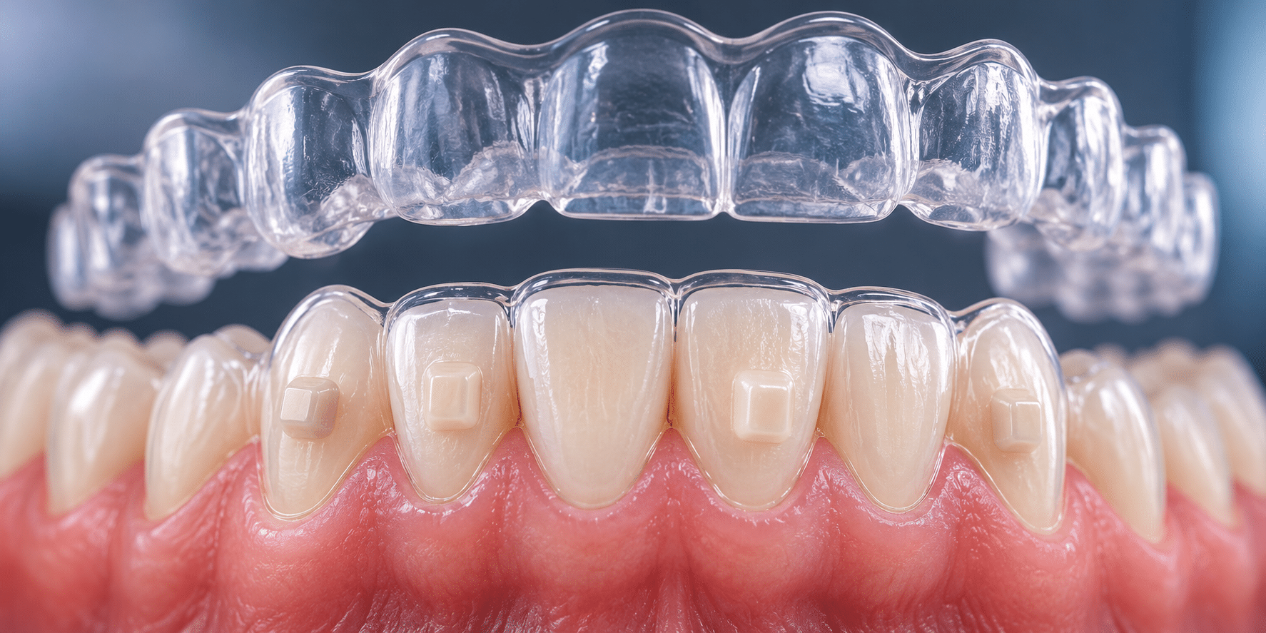 Clear aligners fitted over teeth with tooth-colored Invisalign attachments