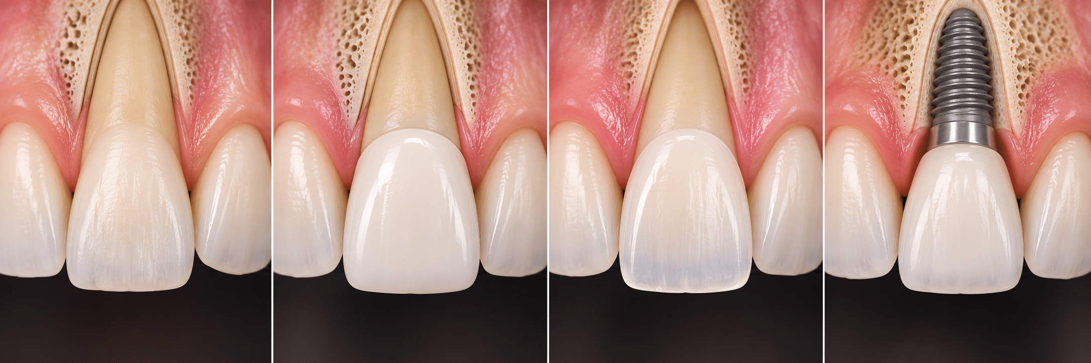 Natural tooth, dental crown, porcelain veneer, and dental implant showing different types of existing dental work