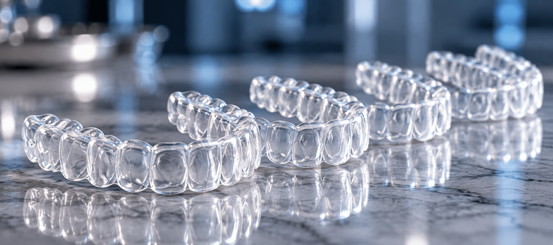 Series of custom clear Invisalign aligners representing progressive stages of tooth movement