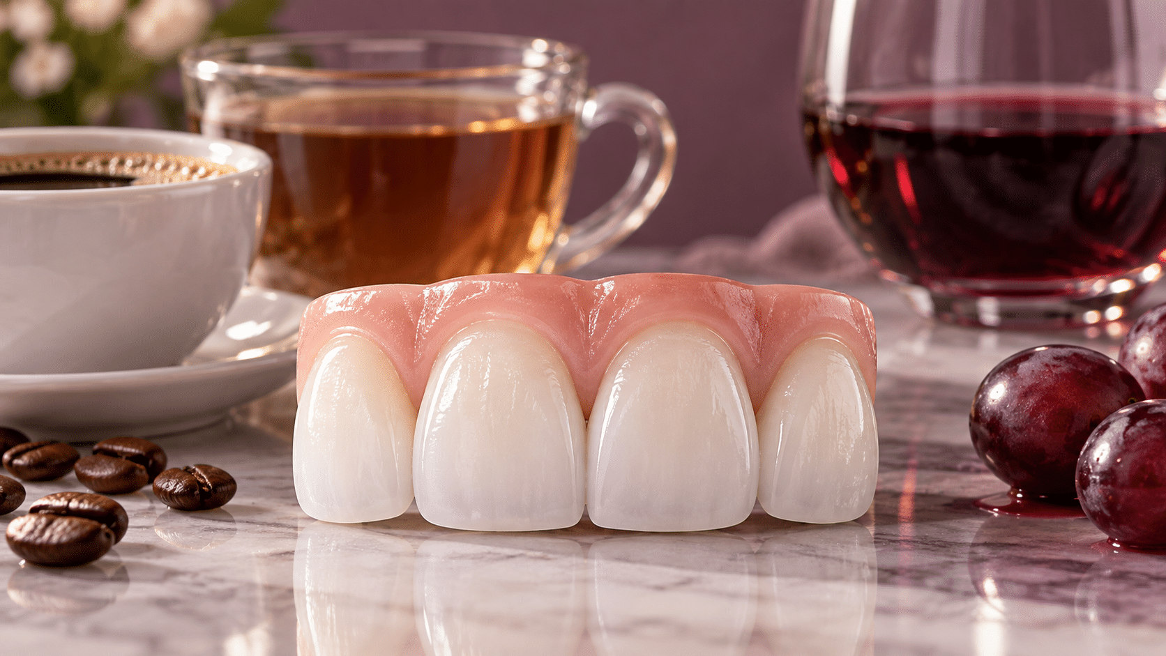 Porcelain veneers shown with coffee, tea, and red wine