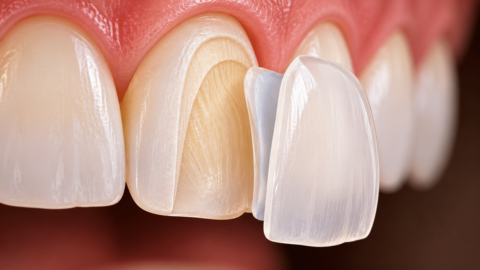 Cross-section showing natural tooth enamel, bonding layer, and porcelain veneer