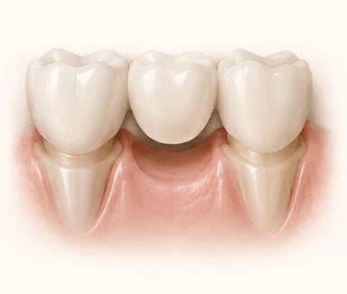 Traditional dental bridge replacing a missing tooth between two natural teeth