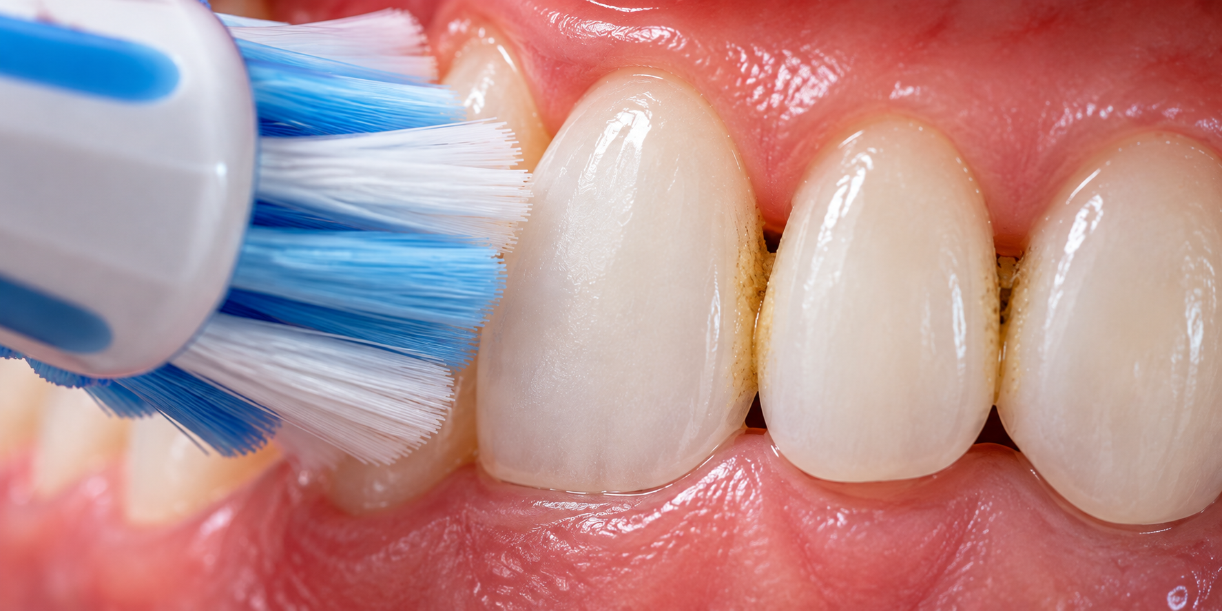 Toothbrush cleaning the outer tooth surfaces while plaque remains between the teeth near the gumline