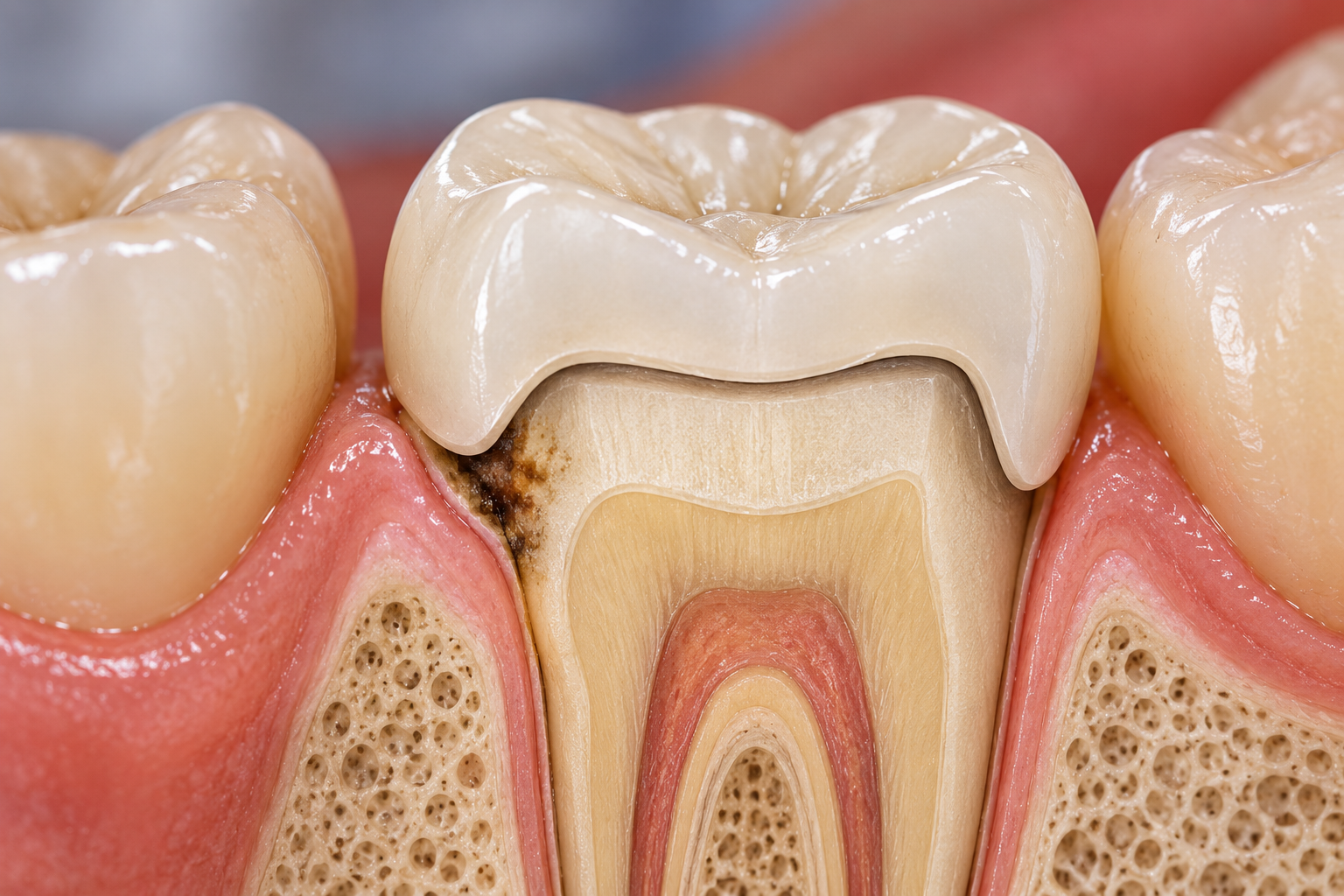 Cross-section showing decay beginning at the margin of a dental crown