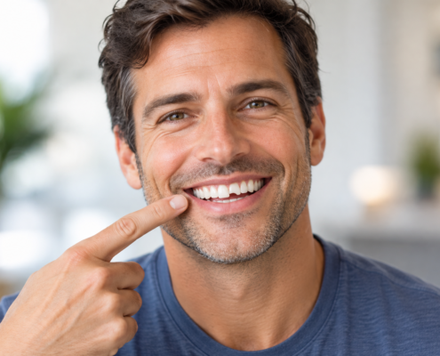 Man pointing to a chipped front tooth while smiling.