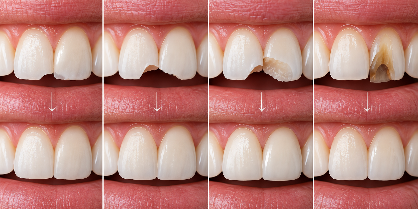 Examples of chipped front teeth with different levels of damage shown before and after dental repair