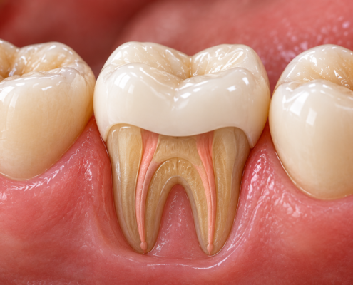Root canal treated molar restored with a dental crown