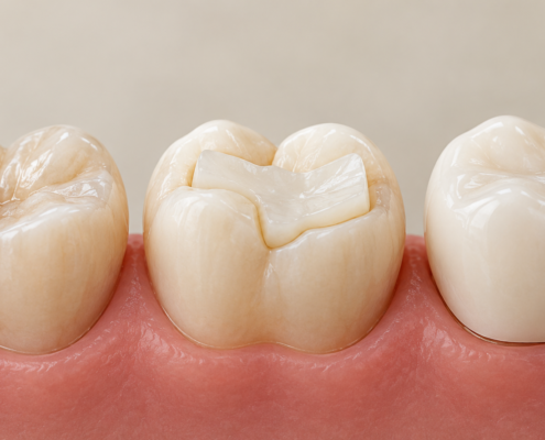 Comparison of a natural tooth, dental onlay, and full dental crown