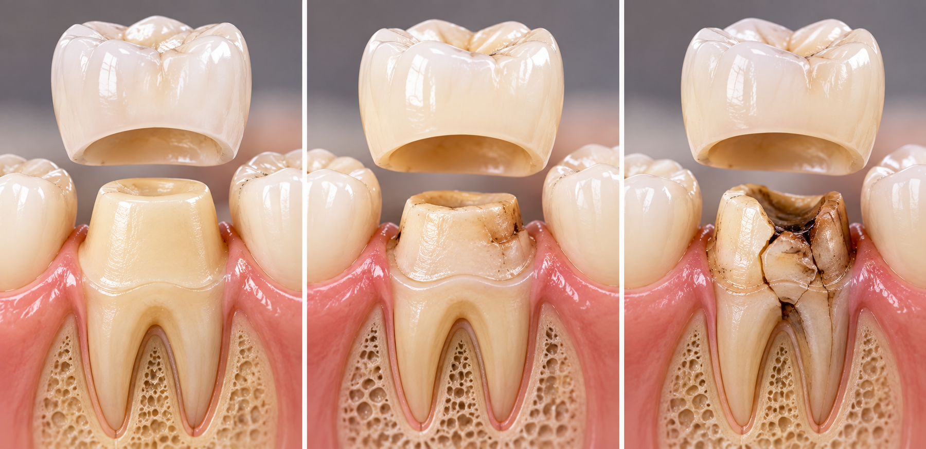 Comparison of healthy, reduced, and severely damaged tooth structure beneath dental crowns