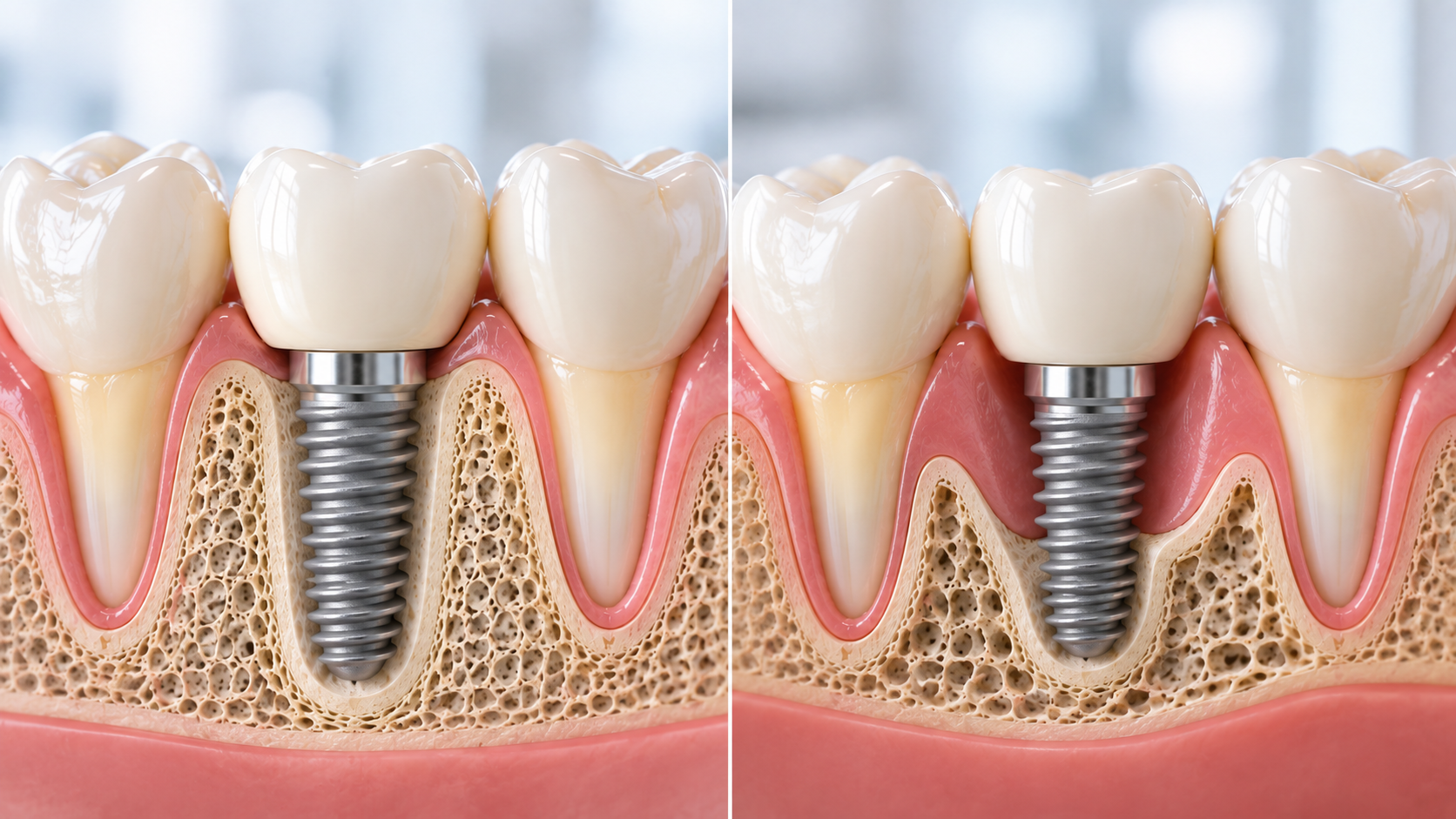Comparison of adequate jawbone and reduced bone volume around dental implants