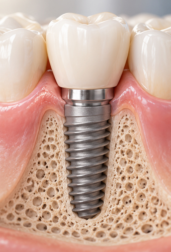 Dental implant integrated with the surrounding jawbone