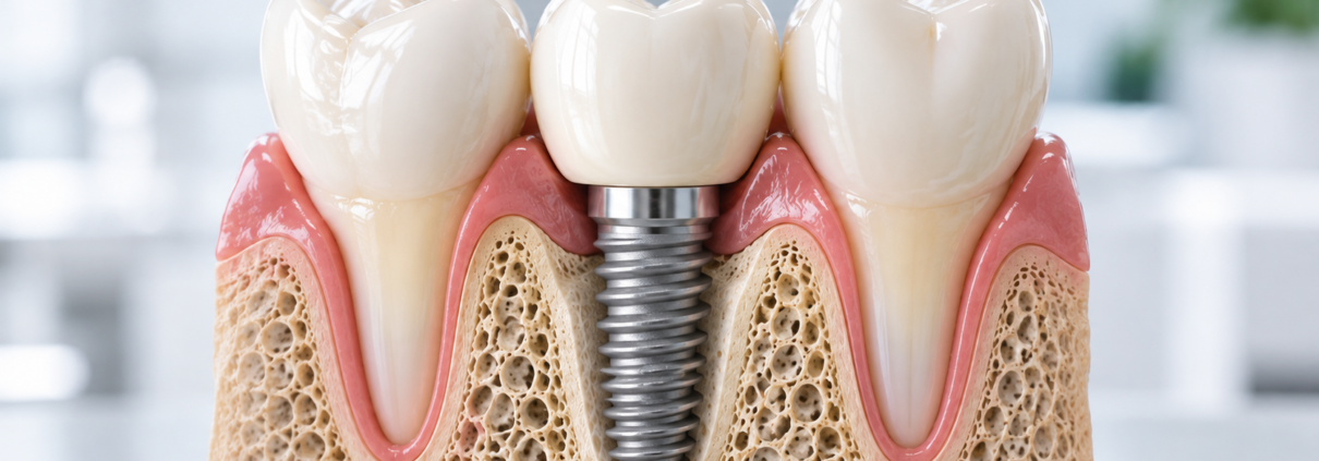 Dental implant shown within the jawbone between two natural teeth