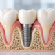 Dental implant shown within the jawbone between two natural teeth