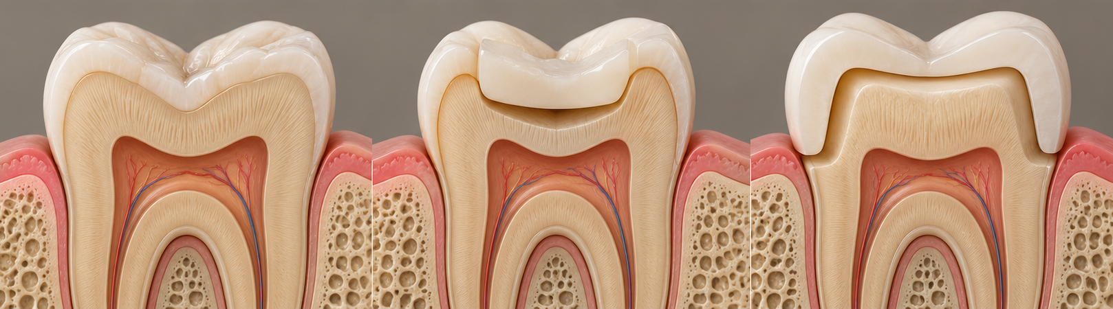 Cross-section comparing natural tooth structure preserved with a dental onlay and full crown