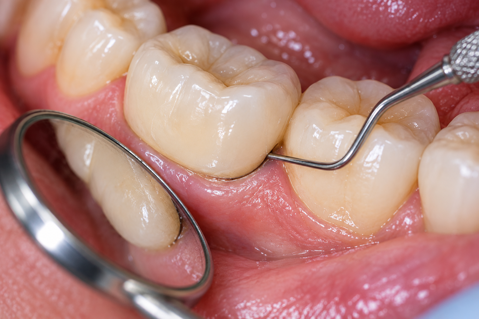 Dentist examining the margin of a dental crown for signs of decay