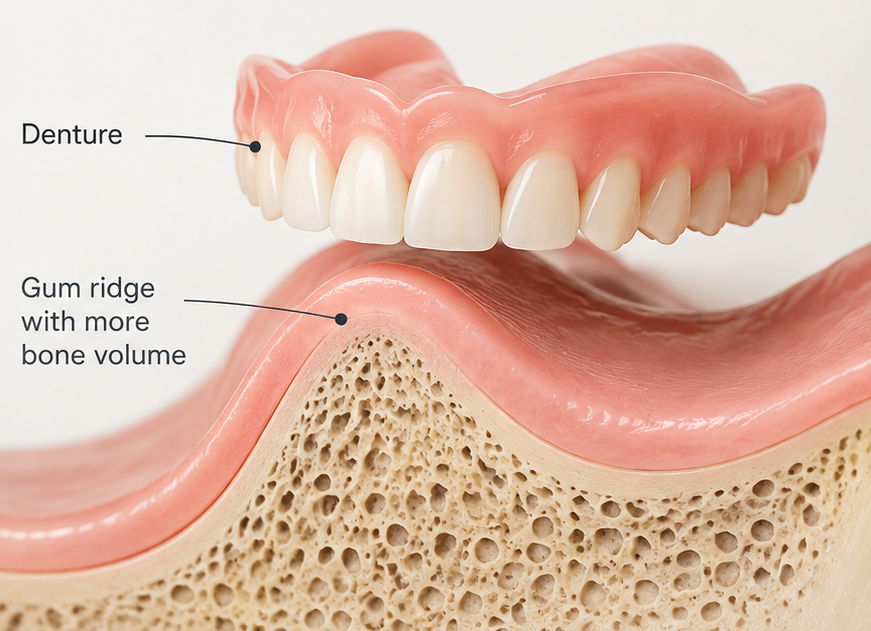 Denture fitting over a fuller gum and jawbone ridge after tooth loss