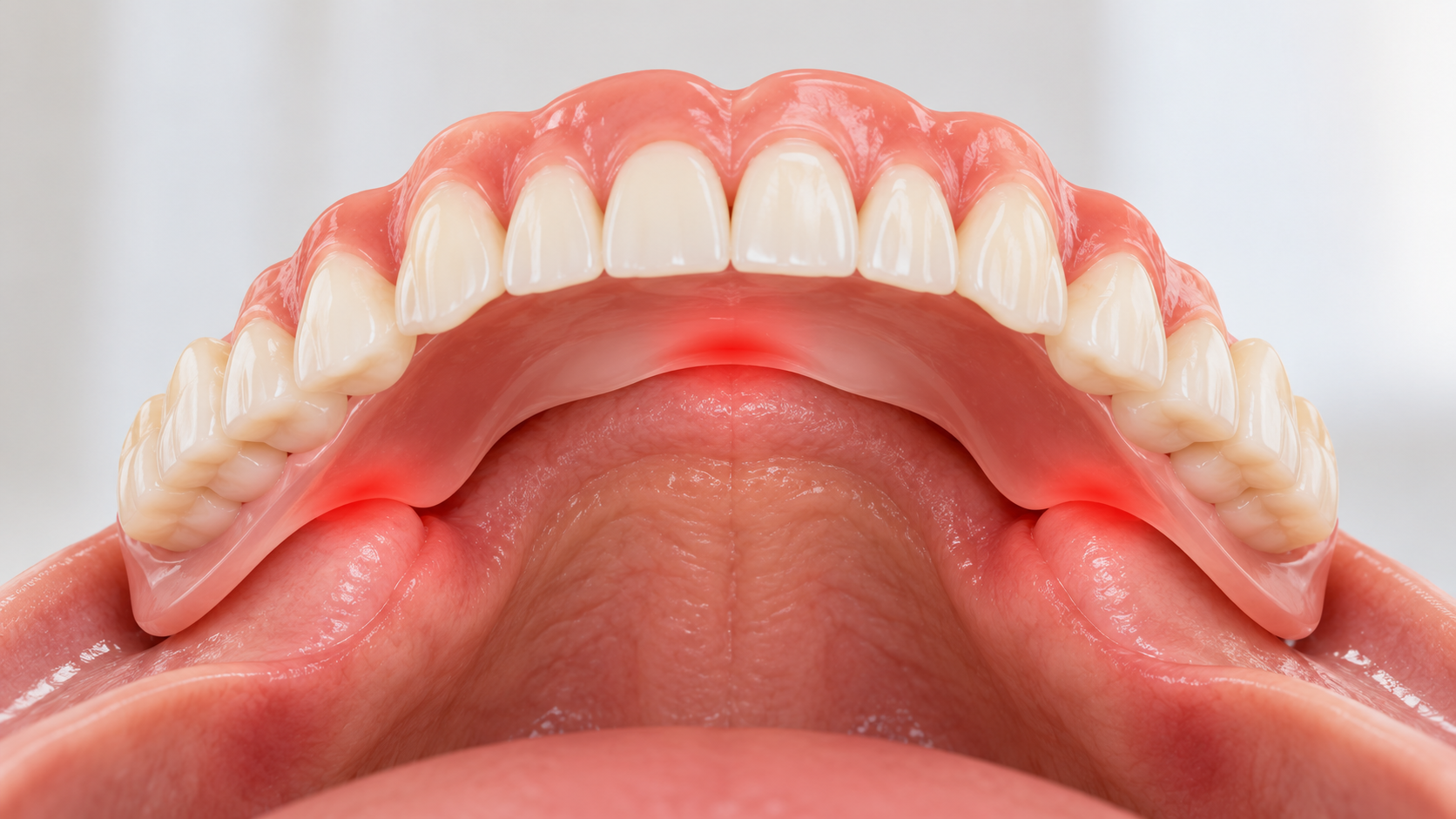 Upper denture showing pressure points against the gum tissue