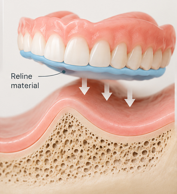 Denture reline material filling the space between a denture and gum ridge