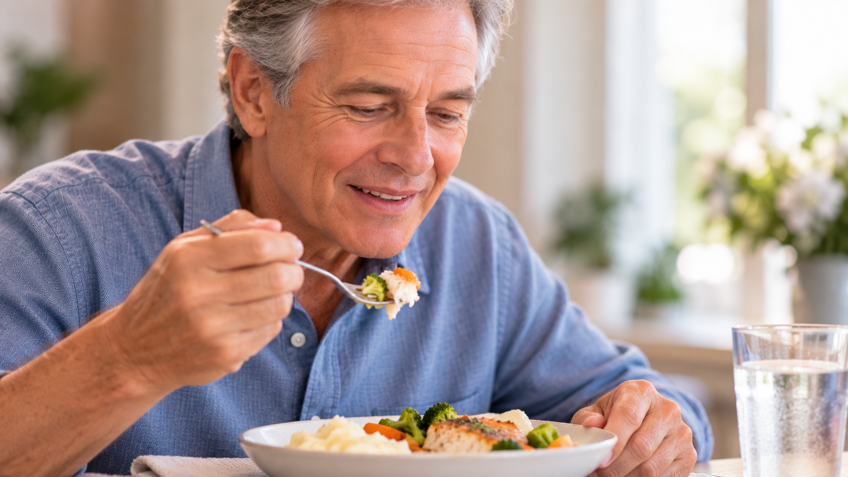 Man eating a soft meal while adjusting to new dentures