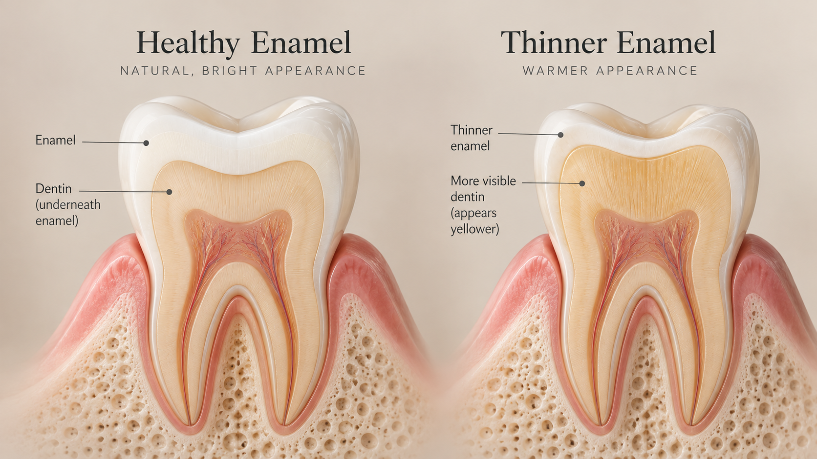Comparison of healthy enamel and thinner enamel showing more of the yellow dentin underneath.