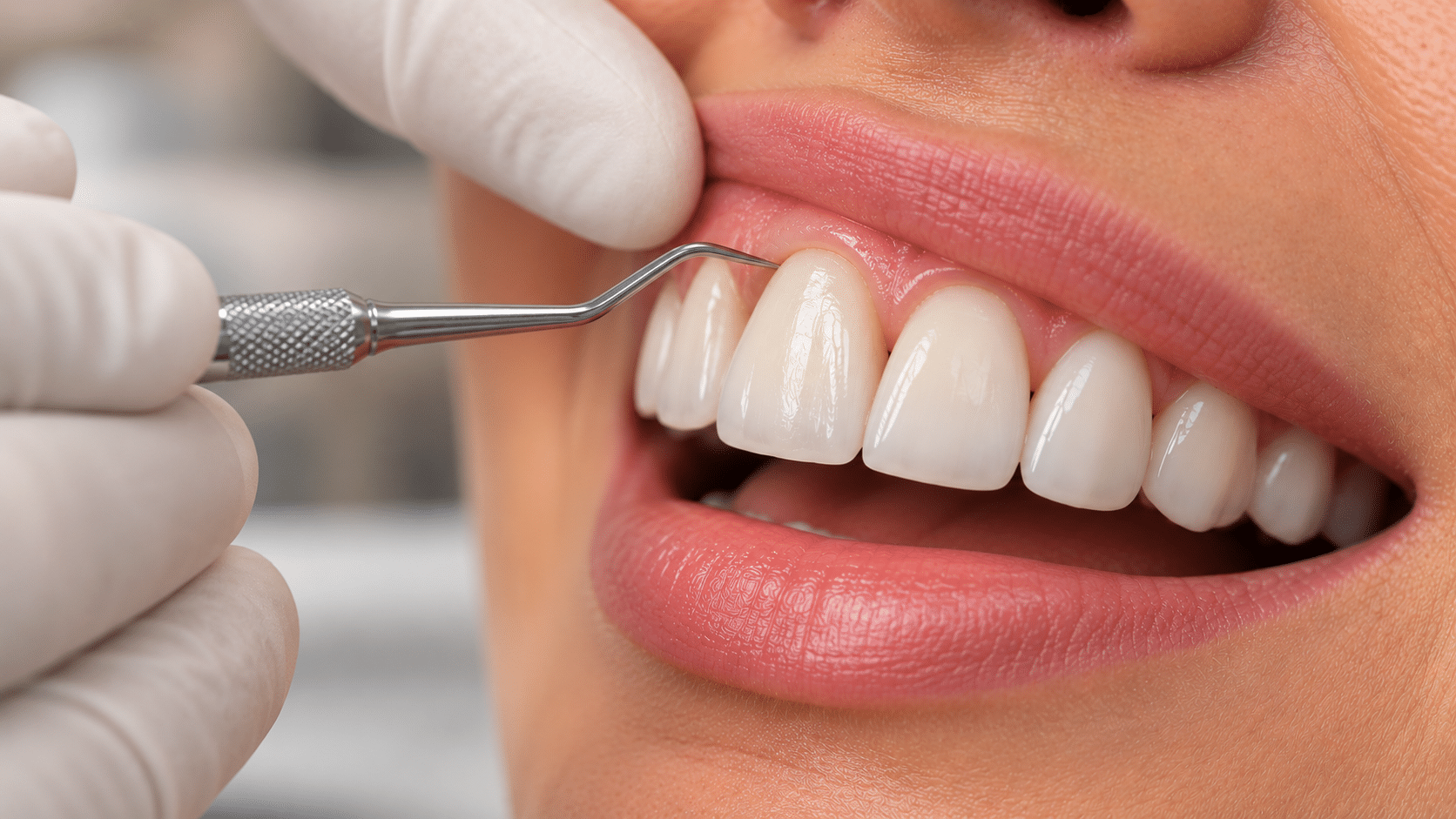 Dentist examining the gumline around existing porcelain veneers