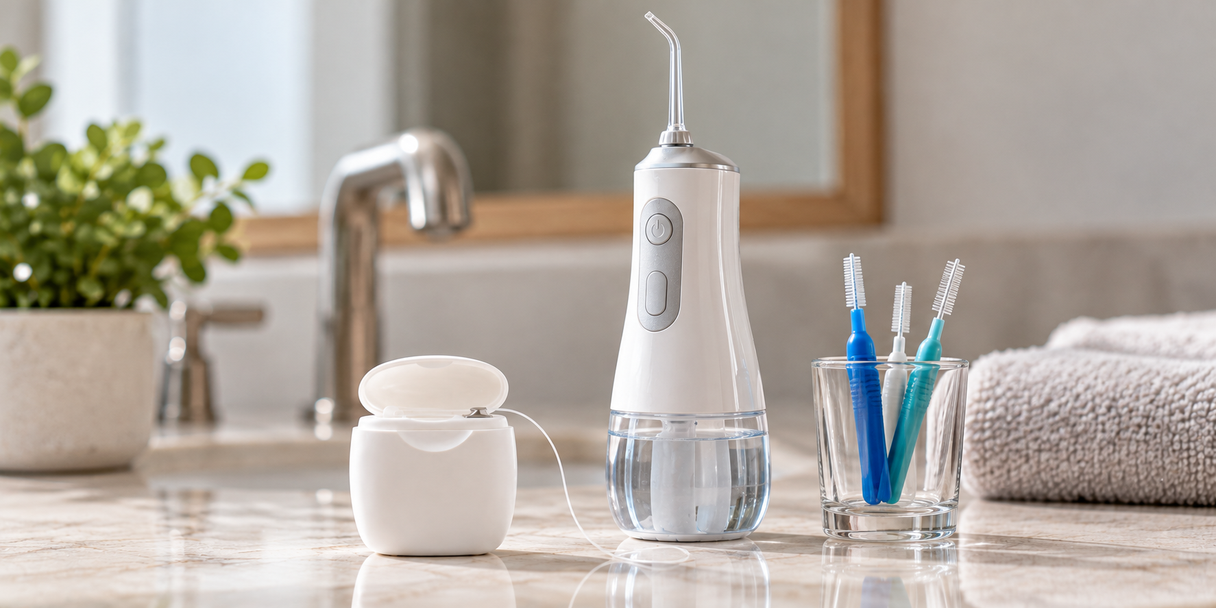 Dental floss, water flosser, and interdental brushes for cleaning between teeth