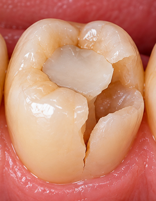 Fractured molar with a large filling and broken tooth structure