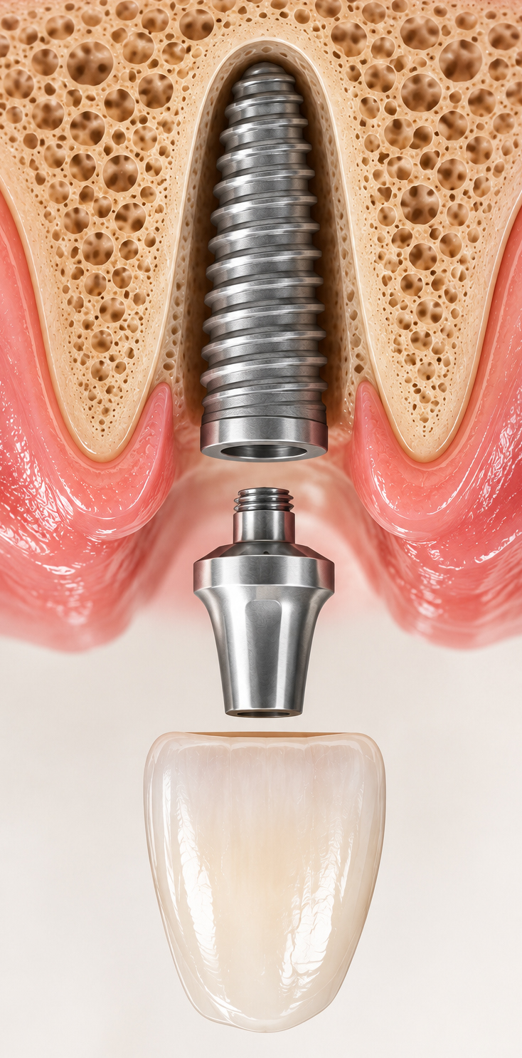 Front tooth dental implant showing the crown, abutment, and titanium implant in the jawbone