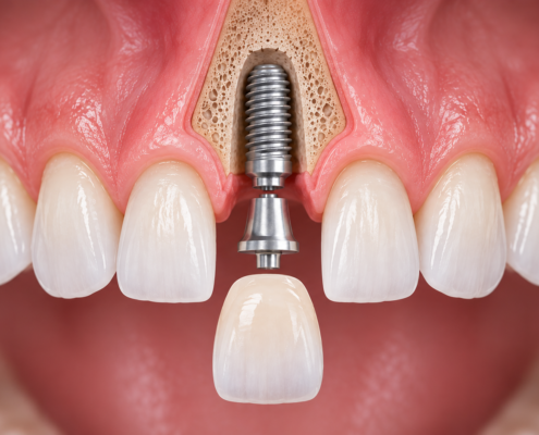 Front tooth dental implant showing the implant post, abutment, and crown
