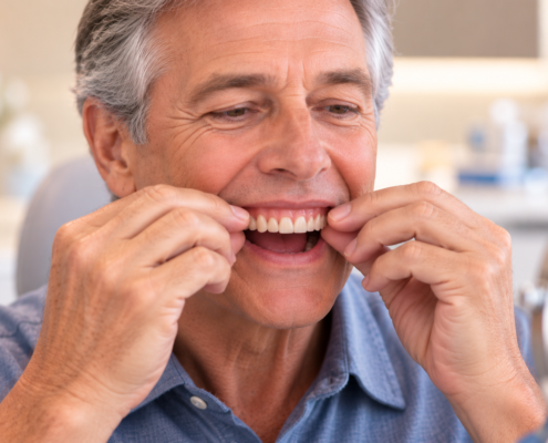 Man adjusting a new upper denture in his mouth
