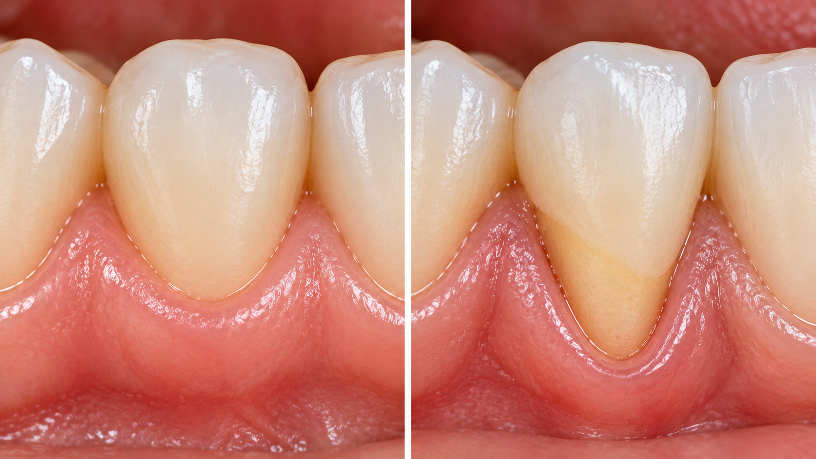 Comparison of a healthy gumline and gum recession exposing the root surface of a tooth