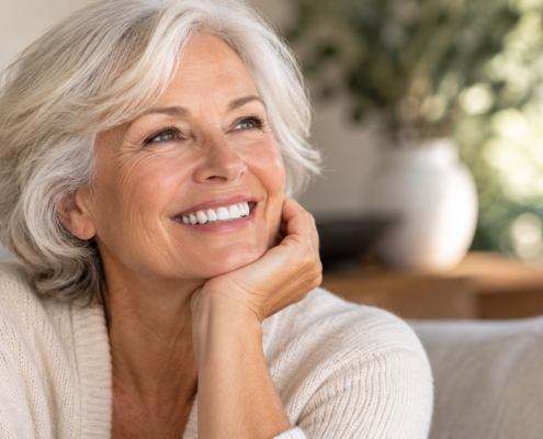 Woman smiling for a comparison of implant-supported and traditional dentures