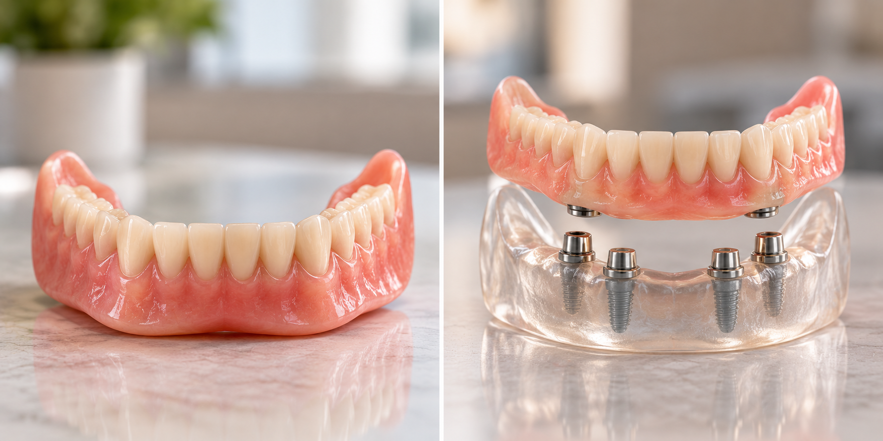 Traditional lower denture compared with an implant-supported lower denture