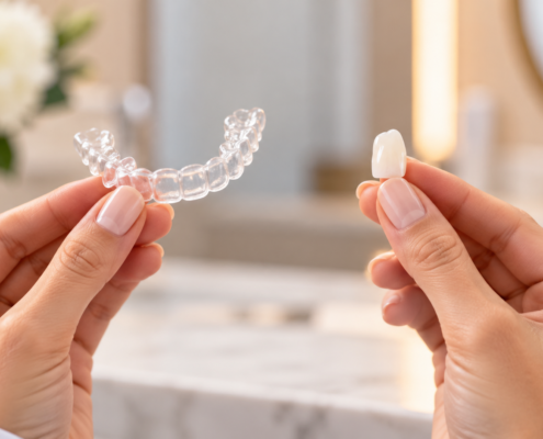 Hands holding a clear aligner and porcelain veneer