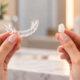 Hands holding a clear aligner and porcelain veneer