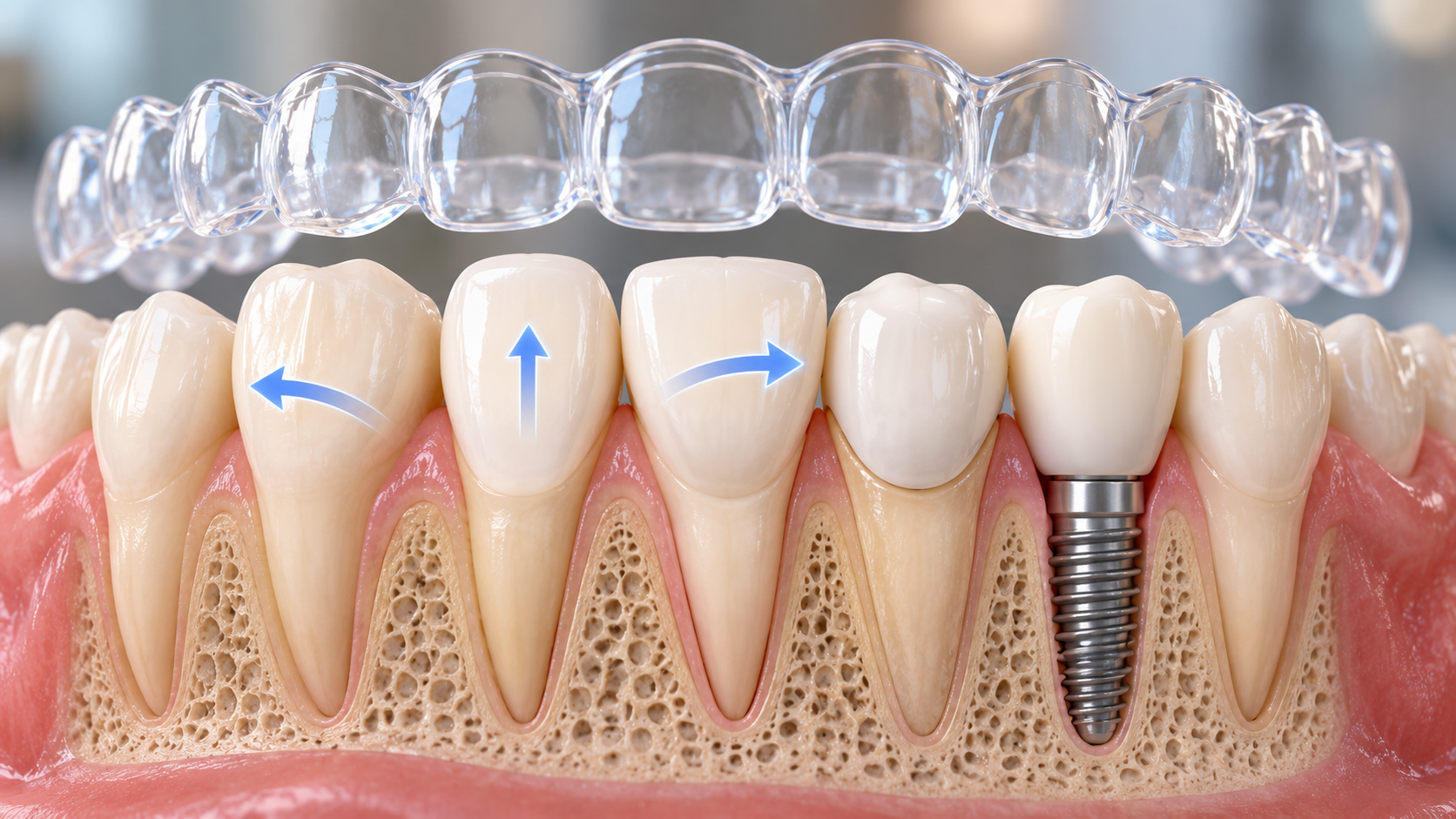 Clear aligner showing natural tooth movement next to a fixed dental implant